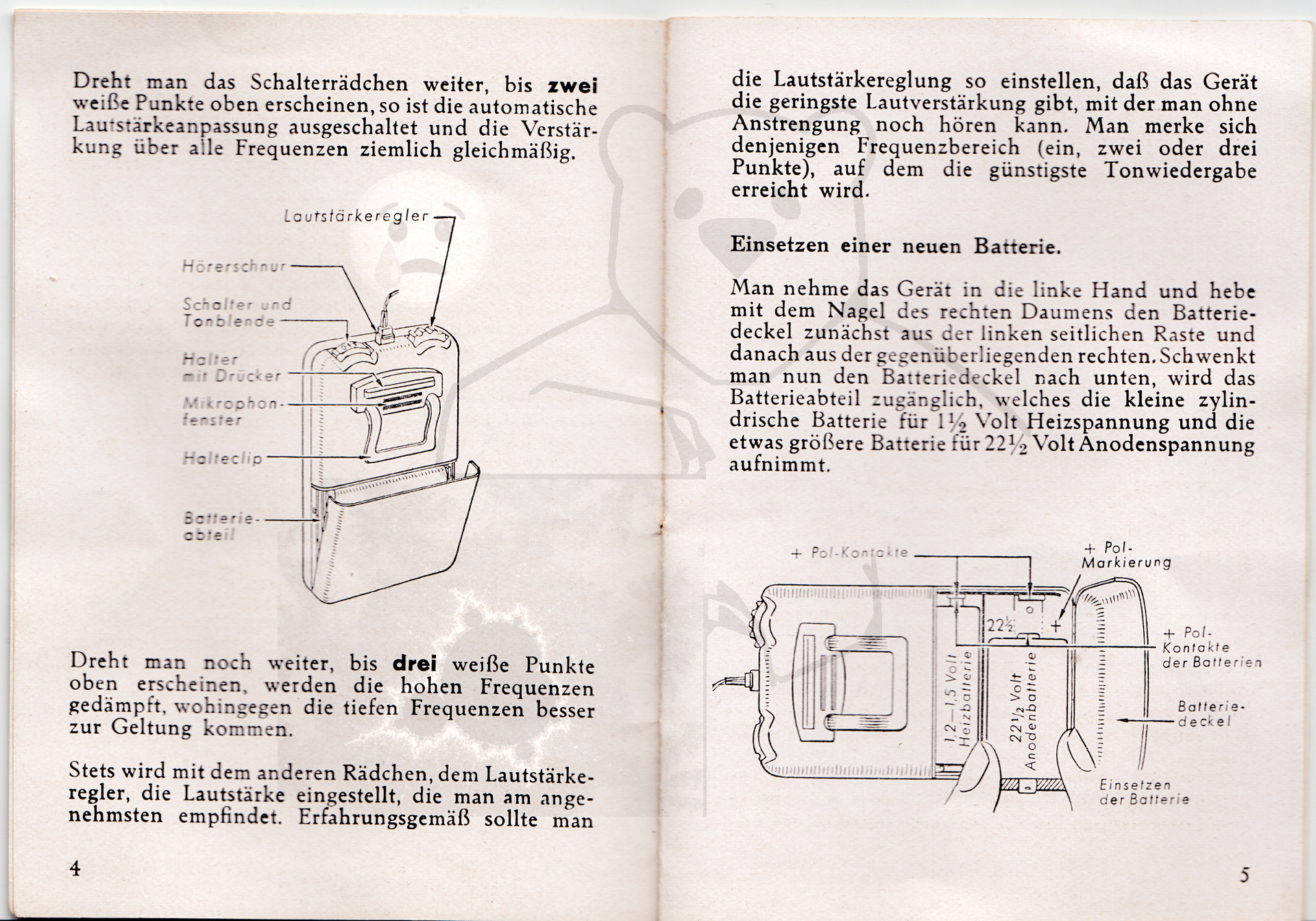 Hörgerät "Fortiphone Type 20", ca. 1949, Anleitung Seite 4 - 5